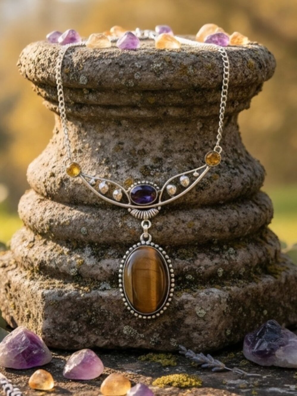 Tigers Eye Amethyst Citrine 925 Sterling Silver Witchy Pendant Necklace 19.5in